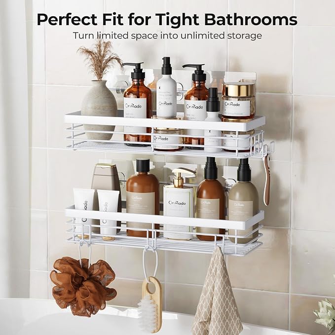 Orimade Shower Caddy with 5 Hooks for Hanging Razor and Sponge Adhesive Shower Shelf Basket Bathroom Storage Organizer Kitchen Rack No Drilling Stainless Steel Rustproof - 2 Pack,White