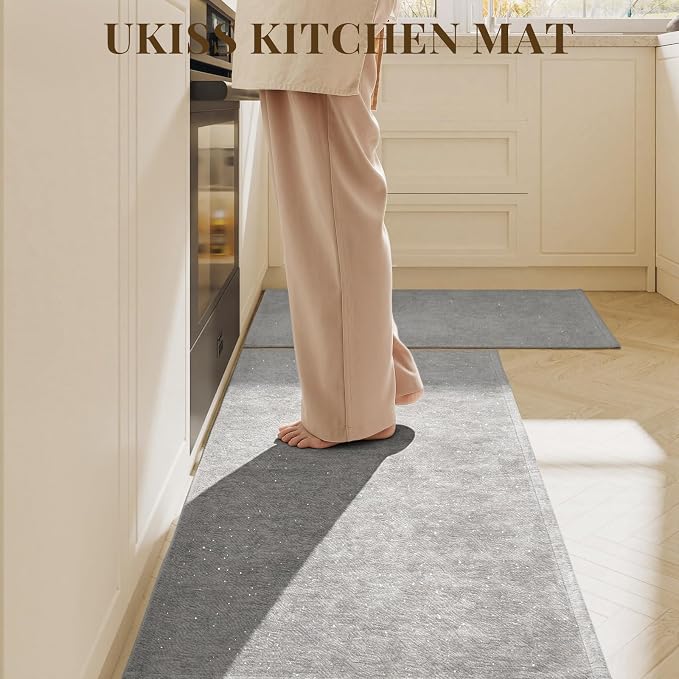 UKISS 2PCS Large Bath Mats, Shiny Chenille, Non Slip Bath Rug Set, Ultra-Absorbent Bath Mats for Bathroom Decor, Extra Soft Floor Kitchen Rugs,Washable Mat Quick Dry, 20" x 32" + 20" x 50", Gray