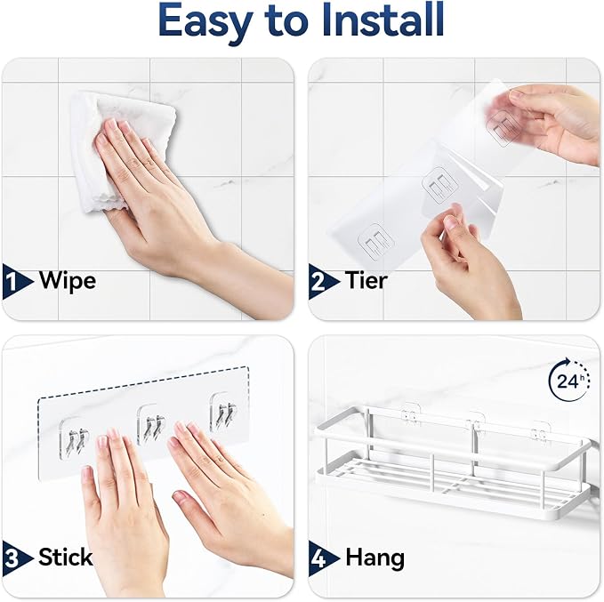 Shower Caddy Adhesive, Rustproof Shower Organizer, Large Capacity Shower Shelves for Inside Shower, No Drilling Bathroom Organizers and Storage for Home Decor （2 Pack White）