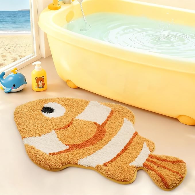 LUMI Cute Animal Bathroom Rugs, Plush Absorbent Bath Mats for Bathroom, Non-Slip Backing Washable Bath Mat, Ideal for Shower Sink Bathtub Room Decor, 24"x41", Clownfish
