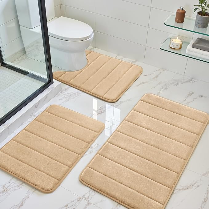 BYSURE Beige Memory Foam Bathroom Rug Set 3 Piece, Non Slip Extra Soft Absorbent Bath Mats, Machine Washable & Dry Toilet Mat Sets for Bathroom Floor | Non Slip Extra Soft Absorbent Machine Washable Toilet Bath Toilet Mat for Shower, for Bathroom