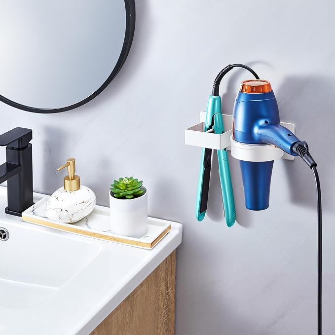 Hair Dryer Holder Wall Mounted, Hair Straightener Holder, Blow Dryer Holder Adhesive, Hair Tool Organizer for Flat Iron, Hairdryer, Curling Iron Holder for Bathroom Vanity Barber Shop (White)