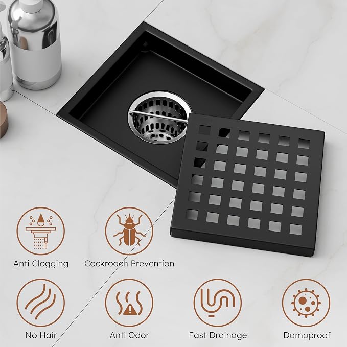 4 Inch Square Black Shower Drain Kit with Flange & Lifting Hook, Modern Floor Drain with Removable Quadrato Pattern Grate, Stainless Steel SUS 304 (Matte Black, 4 Inch)