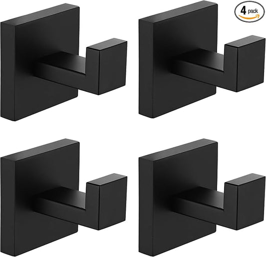 Nolimas Towel Hook Stainless Steel Bathroom Rustproof Clothes Towel Coat Hook Wall Mounted Square Toilet Kitchen, Heavy Duty Door Hanger, 4 Pack, Matte Black