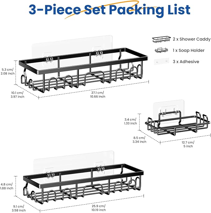 PKBD Shower Caddy, 3 Pack Shower Shelves for Bathroom, Dark black