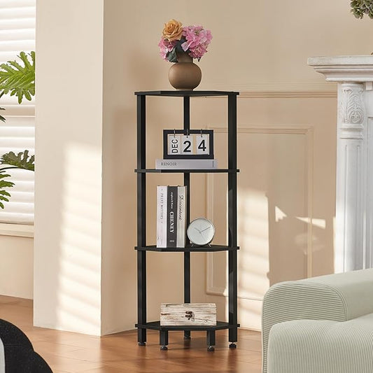 YUFAM 4-Tier Corner Shelf with Sturdy 5-Leg Base, Wooden Corner Bookshelf for Small Spaces, Corner Standing Shelf for Living Room, Bedroom, Office, Black