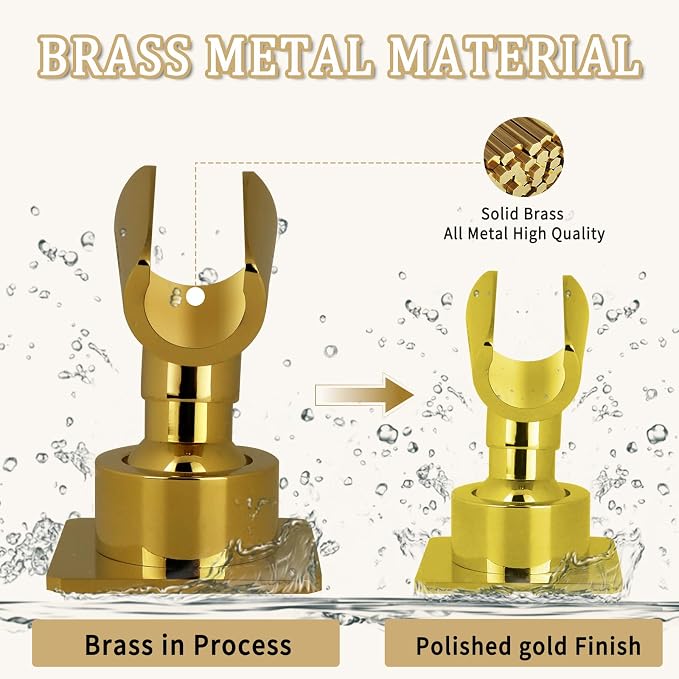 Shower Head Holder Handheld Shower Wand Holder Adjustable Shower Head Bracket Shower Wall Mount Holder, Polished Brass/Gold Finish, Drill Free Glue Installation