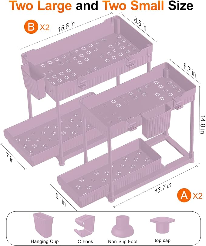 Sevenblue Under Sink Organizer, Bathroom Organizers and Storage, 2 Tier Multi-Use Pull Out Cabinet Organizer with Hang Hooks and Cups (Pink, 14.8 Inch)