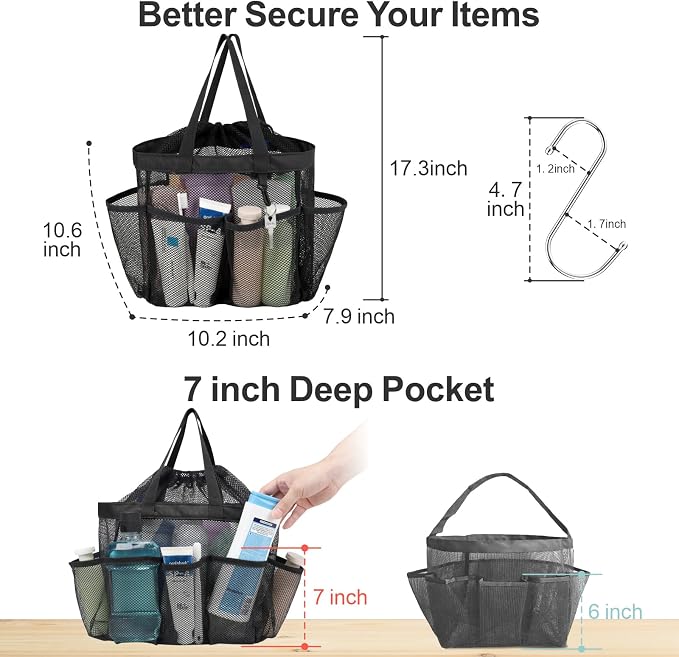 F-color Mesh Shower Caddy Portable with Drawstring - Large 8 Pockets Dorm Room Essentials for Guys Girls with S Hook, Shower Bag Basket Tote for College Camping Travel Bathroom, 2 Pack Black & Pink