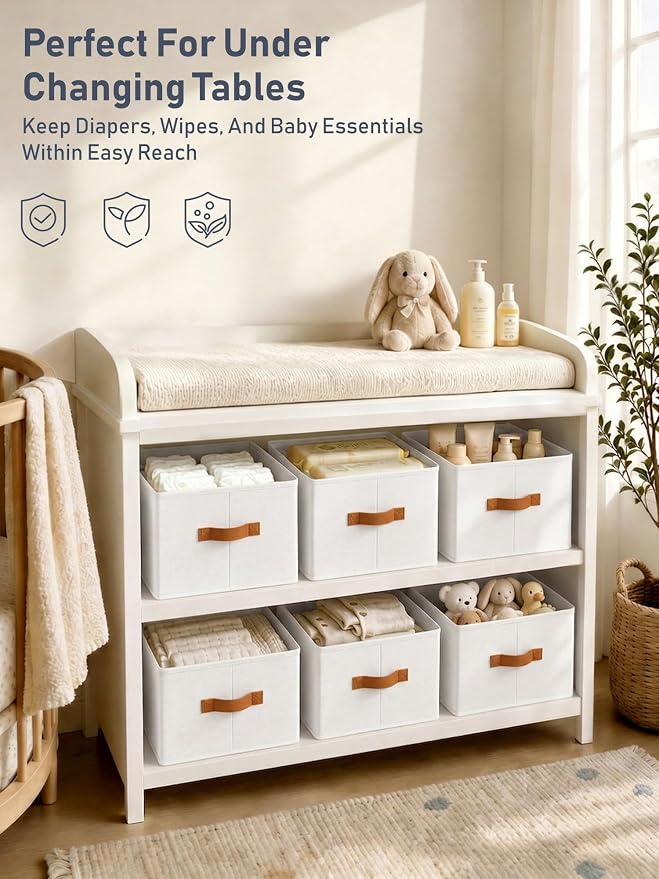 6 Pack Large Closet Storage Baskets Bins for Shelves, Collapsible Fabric Closet Organizers and Storage with Polyester Handles, Decorative Baskets for Organizing Clothes, Towels, Linen Closet 16x12x10"
