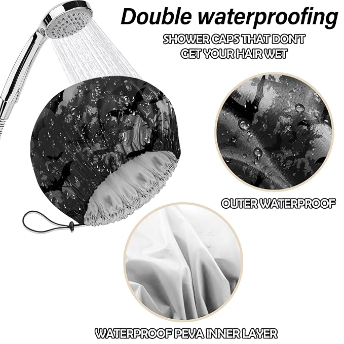 2 PCS Shower Cap Reusable Waterproof Double Layers Hair Caps Shower Bath Adjustable Elastic Hat for Women Girls Cute Aesthetic-Bat