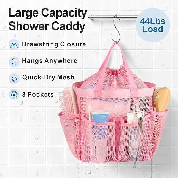 F-color Mesh Shower Caddy Portable with Drawstring - Large 8 Pockets Dorm Room Essentials for Guys Girls with S Hook, Shower Bag Basket Tote for College Camping Gym Travel Toiletry Bathroom, Pink