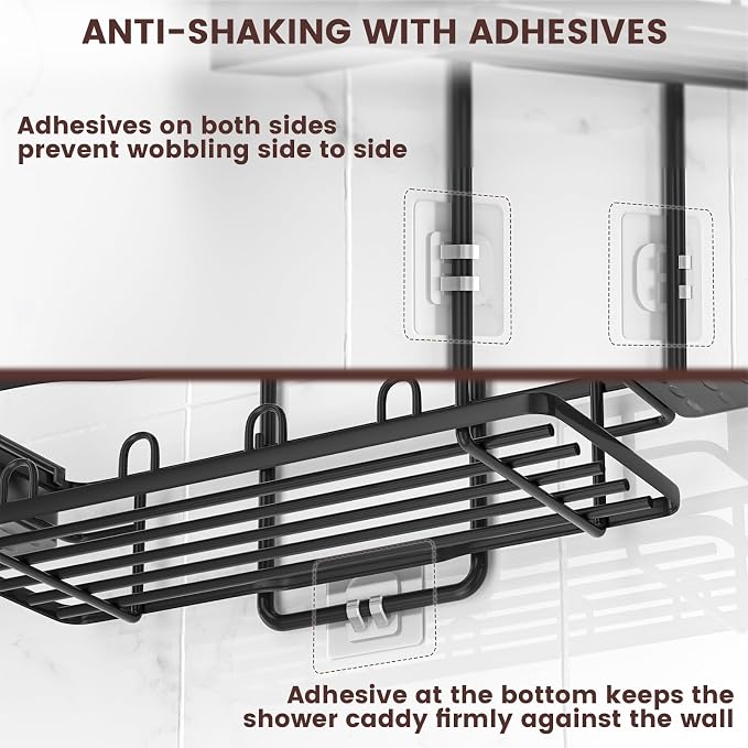 Rustproof Shower Caddy Hanging with Soap Holders for Bathroom, Black | Shower Organizer with Multi Hooks Toothbrush Holder, No Drilling, Anti-Swing, Storage for Shampoo Conditioner Body Wash