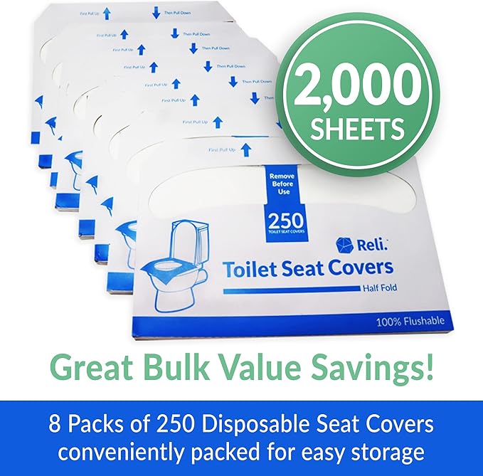 Reli. Toilet Seat Covers (2000 Pcs, 8 Packs of 250) Flushable | Disposable Toilet Seat Cover 14x16" (Half-Fold) | Paper Liners for Restroom, Bathroom, Travel, Camping, Potty Training