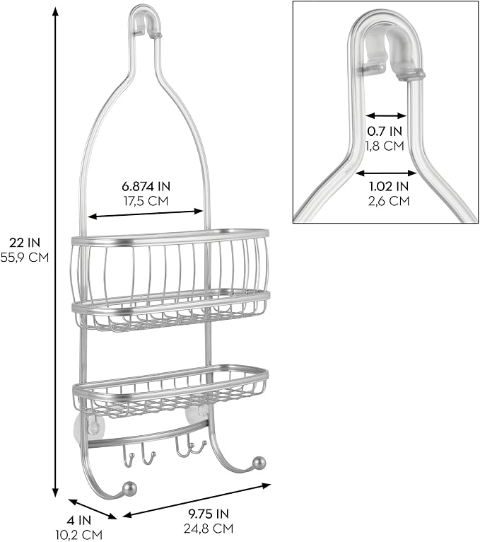 iDesign York Metal Wire Hanging Shower Caddy, Satin Silver | Extra Wide Space, 9.75" x 4" x 22", Hooks for Razors, Towels, For Shampoo, Conditioner, Soap