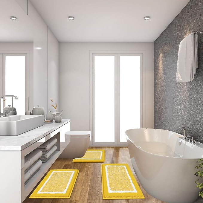 Pauwer 3 Piece Bathroom Rug Set, Non Slip Washable Bath Mat, Yellow | Soft Plush Microfiber, Super Absorbent Floor Carpet, U Shaped Toilet Mats, Quick Dry, Shaggy Shower Rugs Runners