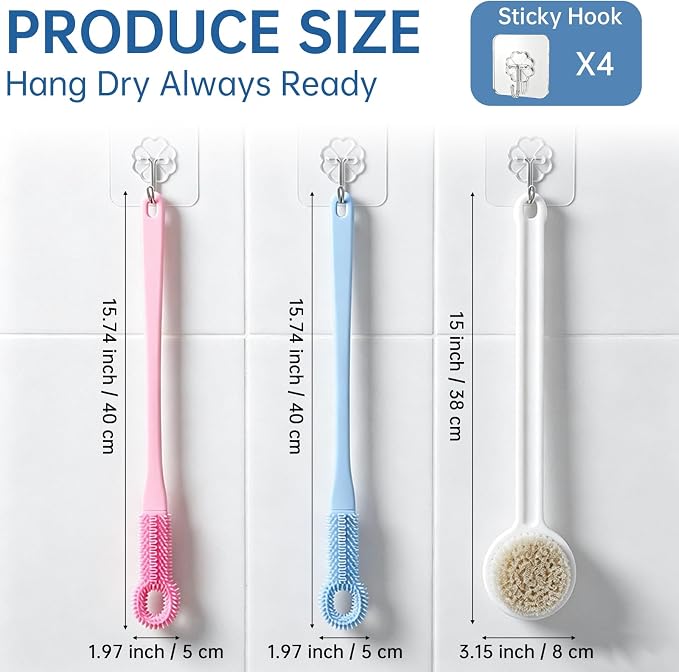 Foot Scrubber with Pumice Stone & 2 Pcs Toe Cleaning Brush, Long Handle Callus Remover for Feet, Toe Cleaning Brush for Dead Skin, Shower Foot Brush for Seniors, Elderly, Men Women (Include 4 Hooks)