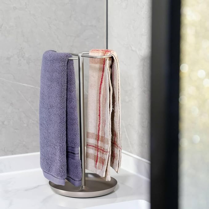 Hand Towel Holder Countertop with Storage Tray Weighted (Brushed Nickel) | heavier base | electroplated for a lasting shine | bathroom organizer | storage tray for watch, necklaces, glasses, earring