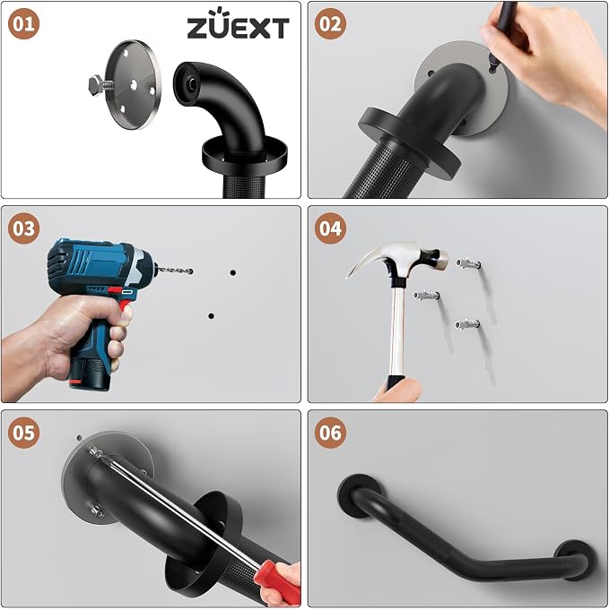 16 Inch Angled Grab Bar 2 Pack, ZUEXT Anti Slip Black Shower Grab Bar Handles, Stainless Steel Knurled Bathroom Balance Bar, Safety Hand Rail Support,Handicap Elderly Injury Senior Assist Bath Handle