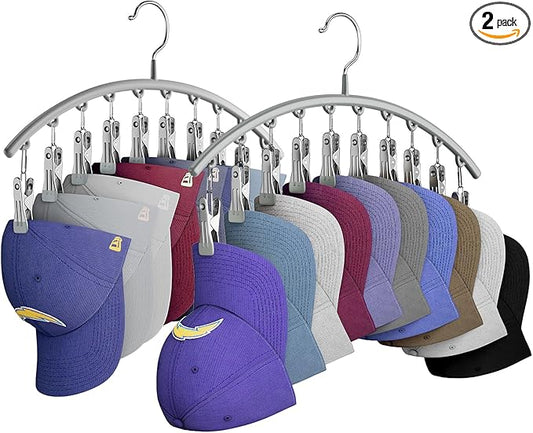 Yecuip Hat Hangers for Closet, Metal Hat Organizer for Baseball Caps 2 Pack Door Hat Racks for Baseball Caps w/ 10 Large Clips, Baseball Cap Hangers for Closet Storage, Fits All Caps