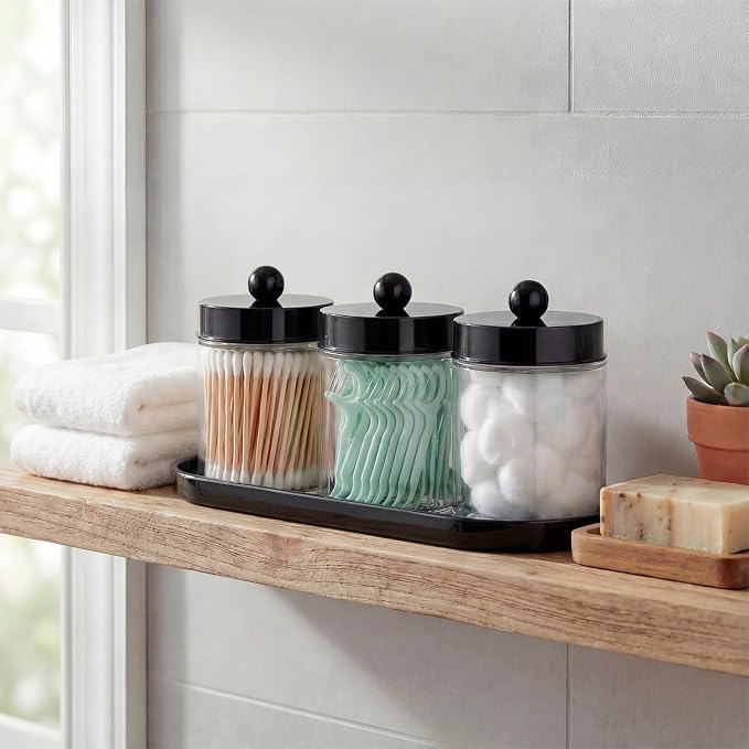 SheeChung 3 Pack Glass Apothecary Jars with Acrylic Vanity Tray | Cotton Round Holder, Countertop Guest Canister Bathroom Organizers and Storage for Cotton Swabs/Balls, Floss Picks