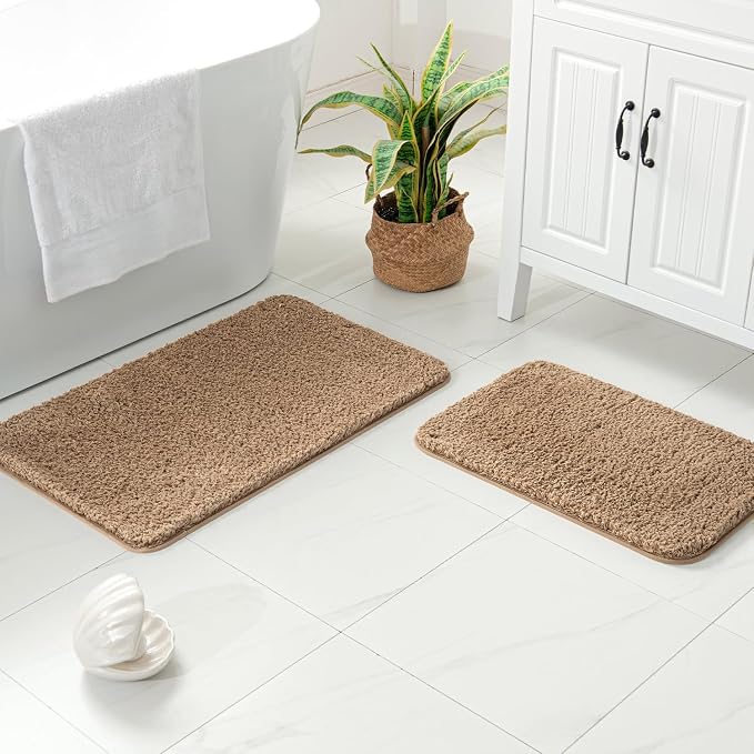 MIULEE Light Brown Bathroom Rugs Set 2 Piece Soft Bath Mats 16x24+20x30 in | Soft Absorbent Microfiber Bath Rugs, Non Slip, Quick Dry, Fluffy Bath Rugs for Bathroom Floor Tub Showers, Machine Washable