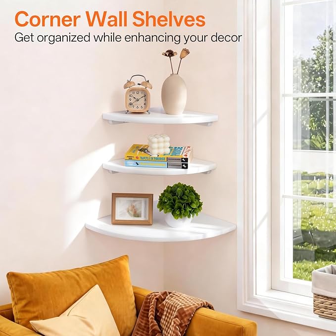 Gieanoo Floating Corner Shelves Set 2 12inch White Solid Oak Rounded Corner Shelves Wall Mounted with Cable Hole Wood Corner Hanging Shelves for Living Room Bedroom Bathroom Kitchen