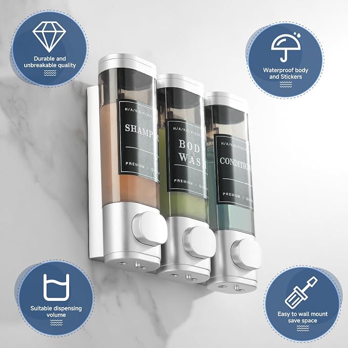 Shampoo and Conditioner Dispenser, Shower Soap Dispenser Wall Mounted, Shampoo Dispenser for Shower Wall No Drill, Bathroom Body Wash Dispenser 3 * 350ml Silver 3 Chamber