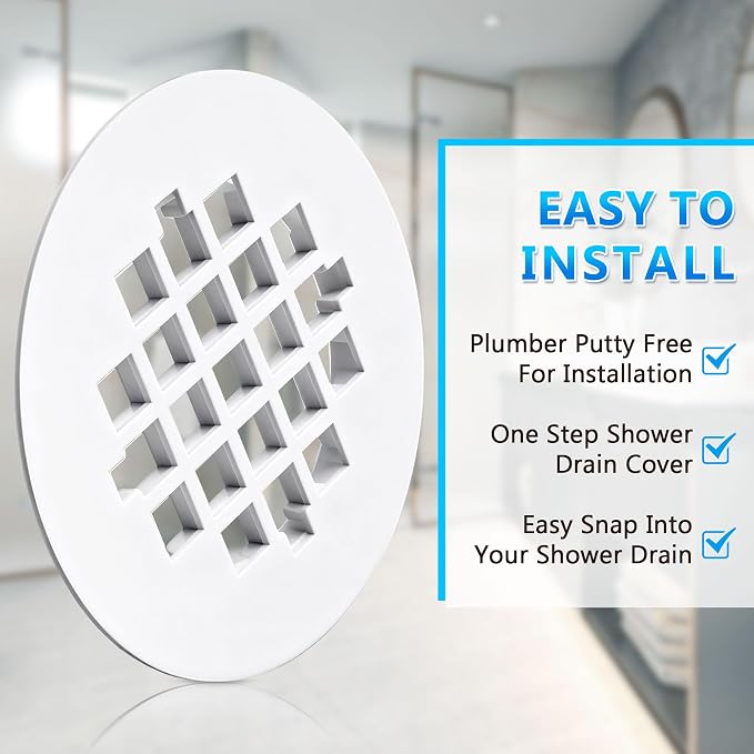 Enhon 2 Pack 4-1/4 Snap in Shower Drain Cover, Round Strainer Drain Grid, Bathroom Shower Grate Cap Replacement for Hair Catcher (White,PVC Plastic)