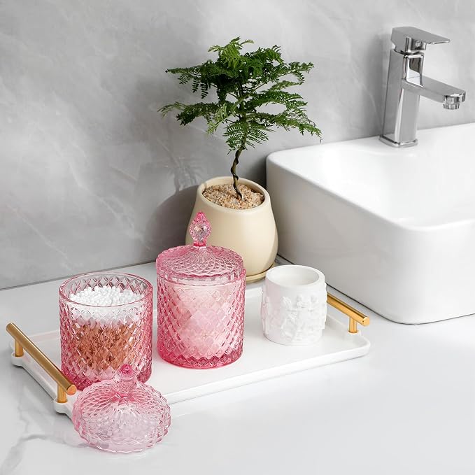 rejomiik 2 Pack Qtip Holder Glass Apothecary Jars with Lid for Bathroom Canisters Dispenser Decor, Storage Organizer for Cotton Swabs, Balls, Pads, Floss Picks, Candy, Pink