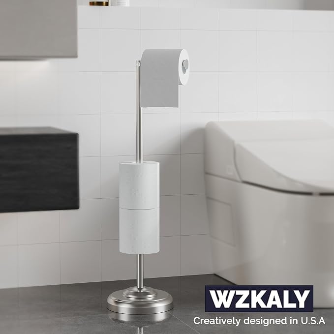 Toilet Paper Holder Stand with Storage 4 Extra Rolls, Brushed Nickel | 304 Stainless Steel, Stable Weighted Base,Space-Saving, Classic Retro Style Bathroom Storage Organizer Waterproof & Rustproof