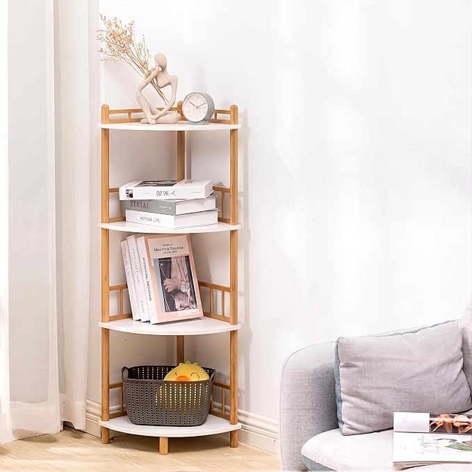 4-Tier Expandable Bamboo Corner Shelf Stand,Corner Bookshelf, Display Storage Shelves with Open Shelves, for Organization and Storage, Living Room, Home Office, Garage (White, 4-Tier WithRail)