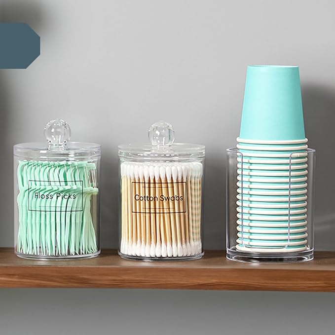 4 Pcs Acrylic Qtip Holder Dispenser for Cotton Swabs, Balls, Floss Picks | Thick, Highly Clear, w/ Labels - Small Canister Apothecary Jar Set, Bathroom Decor Essentials, Shelf Vanity Storage Organizer