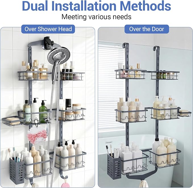 Extra Large Shower Caddy Hanging, Rust-Resistant Shower Organizer Hanging,3 Tier Height-Adjustable Over the Head Caddy,Rack with Soap Basket (Gray)