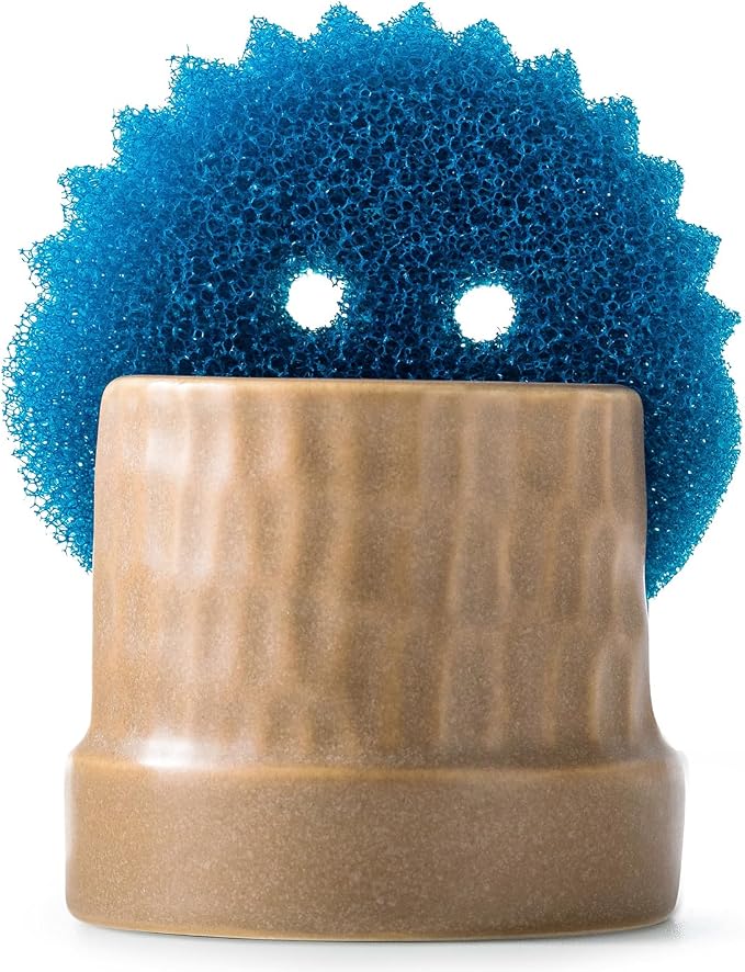 Zoeeker Sponge Holder for Kitchen Sink, Ceramic Sink Caddy Scrub Sponge Tray Dish Rack for Scrubbers, Kitchen Organizer, Brown