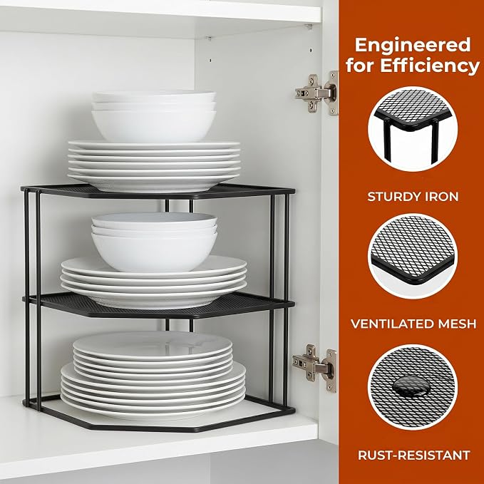 yarlung 3-Tier Cabinet Corner Shelf, 9x9x7.5 Inches Metal Wire Plate Rack Kitchen Counter Corner Organizer for Cups, Dishes, Cupboard, Pantry, Black Elegant Finish