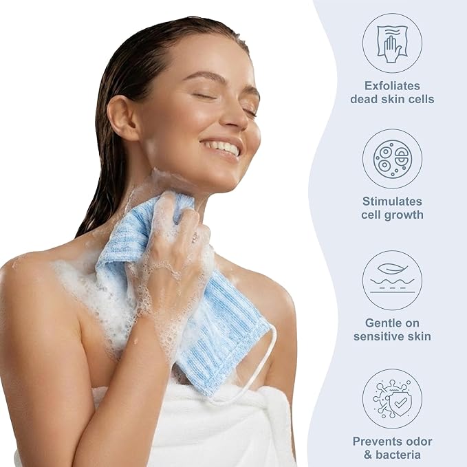 Dual-Textured Exfoliating Washcloth Towel - Back Scrubber for Use in Shower Bath, Exfoliating Body Scrubber Exfoliator, Japanese Exfoliate Loofah Lufa Sponge Wash Cloth for Women Men