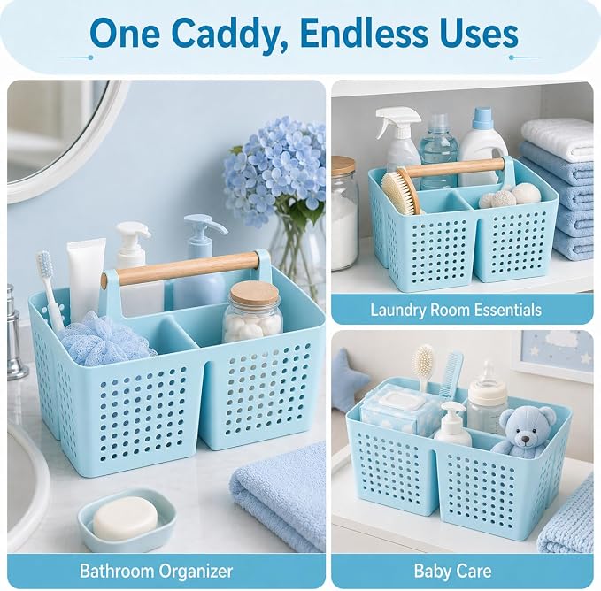 Portable Shower Caddy Basket with Wood Handle, 3-Compartment Bathroom Organizer Tote with Drain Holes, Plastic Shower Basket for Dorm, Toiletries, Cleaning Supplies, Light Blue