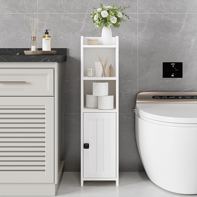 Lomojo Small Bathroom Storage Cabinet Corner, 7.87"Dx7.87"W x31.5"H (White) | Freestanding Narrow Toilet Paper Holder, Organizers for Bathroom Small Spaces Floor Cabinet with Adjustable Shelves and Door