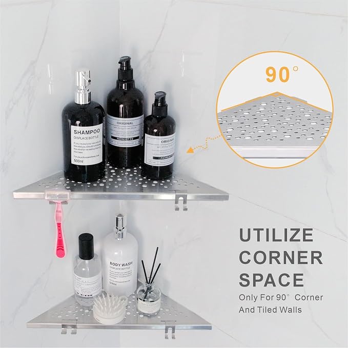 WELLUP Shower Corner Shelf with 4 Hooks,No-Drill 10" Brushed Nickel 304 Stainless Steel Recessed Shelves for Bathroom Tile Walls,2-Pack