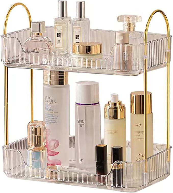 shuang qing 2 Tier Bathroom Counter Organizer Countertop Storage, Cosmetics Skincare Shelf Organizer, Makeup Organizer Perfume for Dresser Vanity Tray, Spice Rack Organizer for Kitchen - Clear