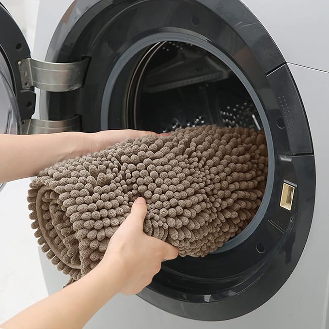 ACCUMTEK Striped Dark Beige Bathroom Rug Mat 59"x20" Ultra Soft, Non Slip Chenille Bath Rugs, Absorbent Plush Shaggy Bath Mats for Bathroom, Bedroom, Kitchen, Shower, Tub,Taupe