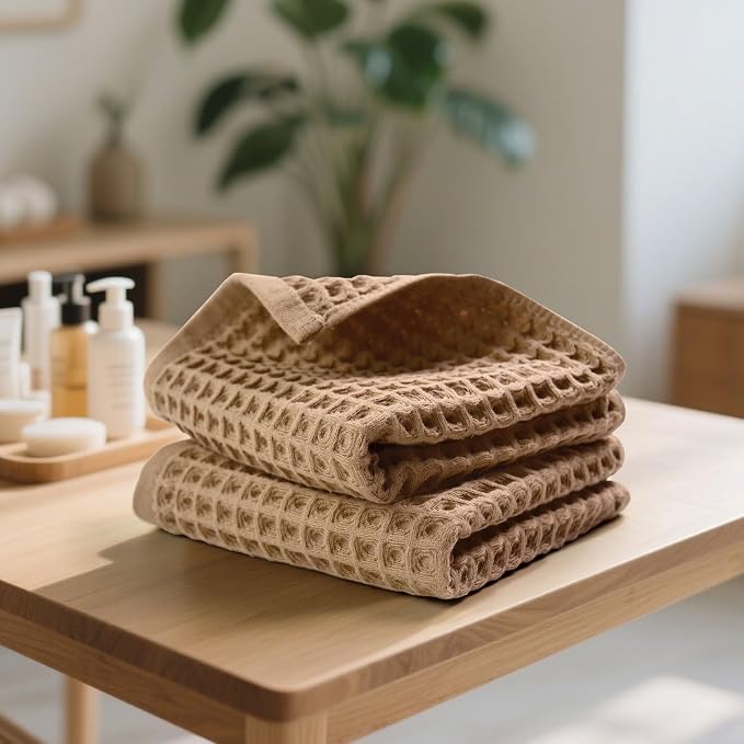 Waffle Bathroom Hand Towels 2-Piece (Tan) – Cotton, Soft, Lightweight | Lint Free, 13” x 29”