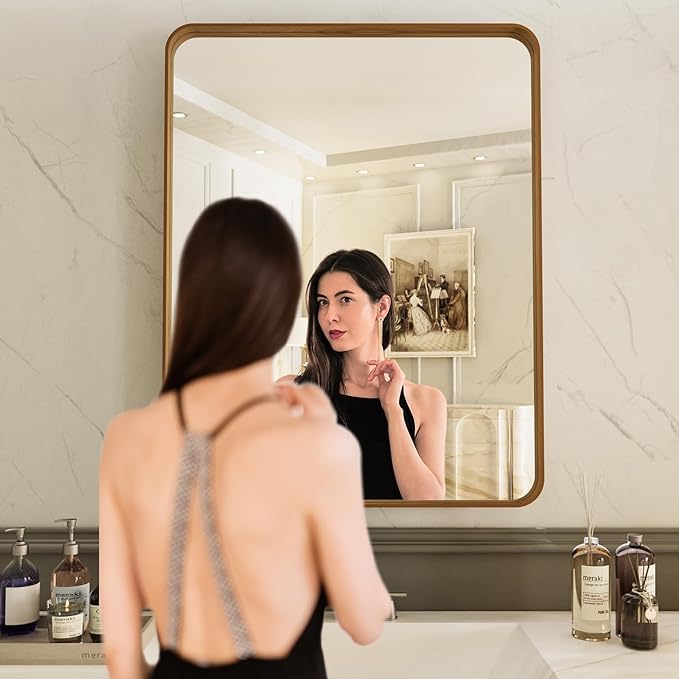 LOAAO 20X30 Inch Bathroom Mirror with Wood Grain Colored Metal Frame | Rounded Rectangle Metal Framed, Anti-Rust, Hangs Horizontally or Vertically, Tempered Glass
