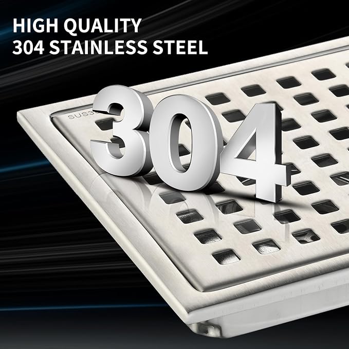 6 Inch Square Shower Drain with Removable Square Grille, Brushed 304 Stainless Steel, PVC Shower Drain Base, Includes Hair Strainer for Kitchen, Bathroom, Garage
