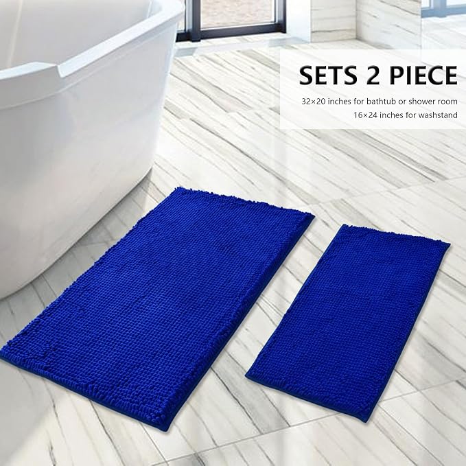 Bathroom Rugs Sets 2 Piece, Extra Soft Chenille Bath Mat Ultra Absorbent Bathroom Rug, Bathroom Mat with Sturdy PVC Non-Slip Bottom, Machine Washable Bath Rugs (20x32 Inch + 16x24 Inch, Royal Blue)
