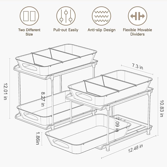 Sevenblue Under Sink Organizer, Bathroom Organizers and Storage, 2 Tier Multi-Use Pull Out Cabinet Organizer with Hang Hooks and Cups (transparent, 12 Inch)