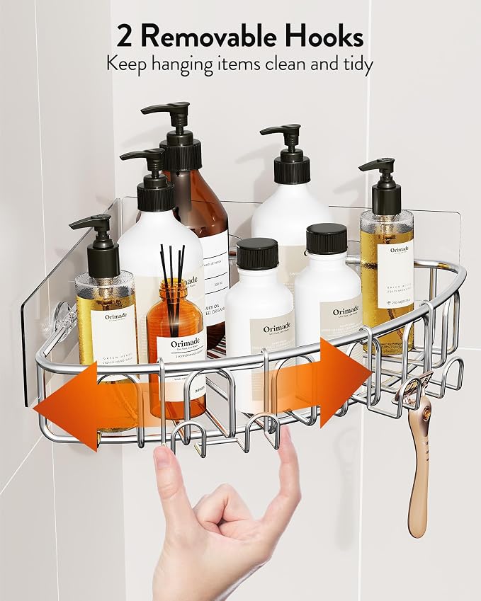 Orimade Corner Shower Caddy Stainless Steel with Hooks Wall Mounted Bathroom Shelf Storage Organizer Adhesive No Drilling 2 Pack, Silver Only for 90-Degree Corner