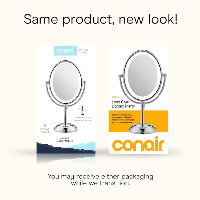 Conair Lighted Makeup Mirror, LED Vanity Mirror, 1X/7X Magnifying Mirror, Double Sided, Battery Operated in Polished Chrome
