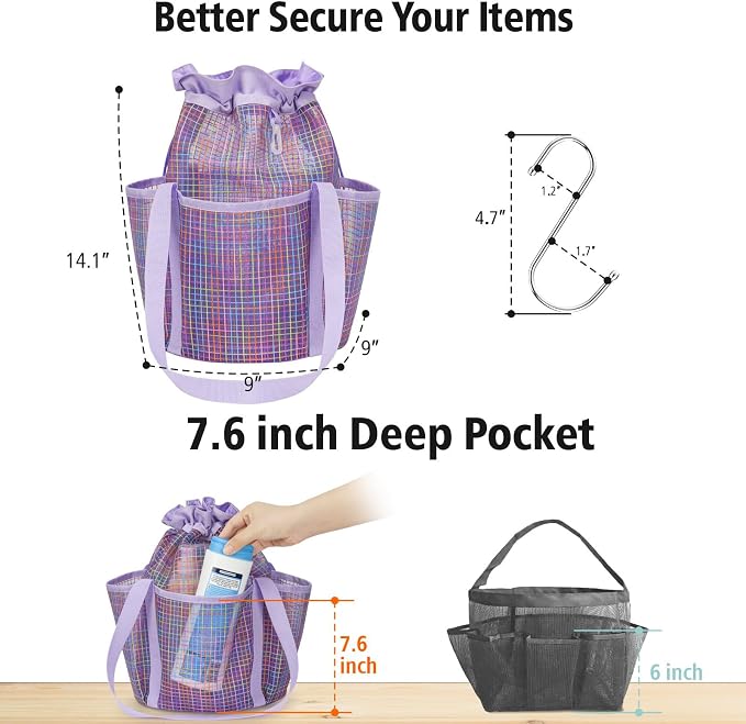 F-color Mesh Shower Caddy Portable with Drawstring - Tall 5 Pockets Dorm Room Essentials for Guys Girls with S Hook, Shower Bag Basket Tote for College Camping Travel Toiletry Bathroom, Purple Grid
